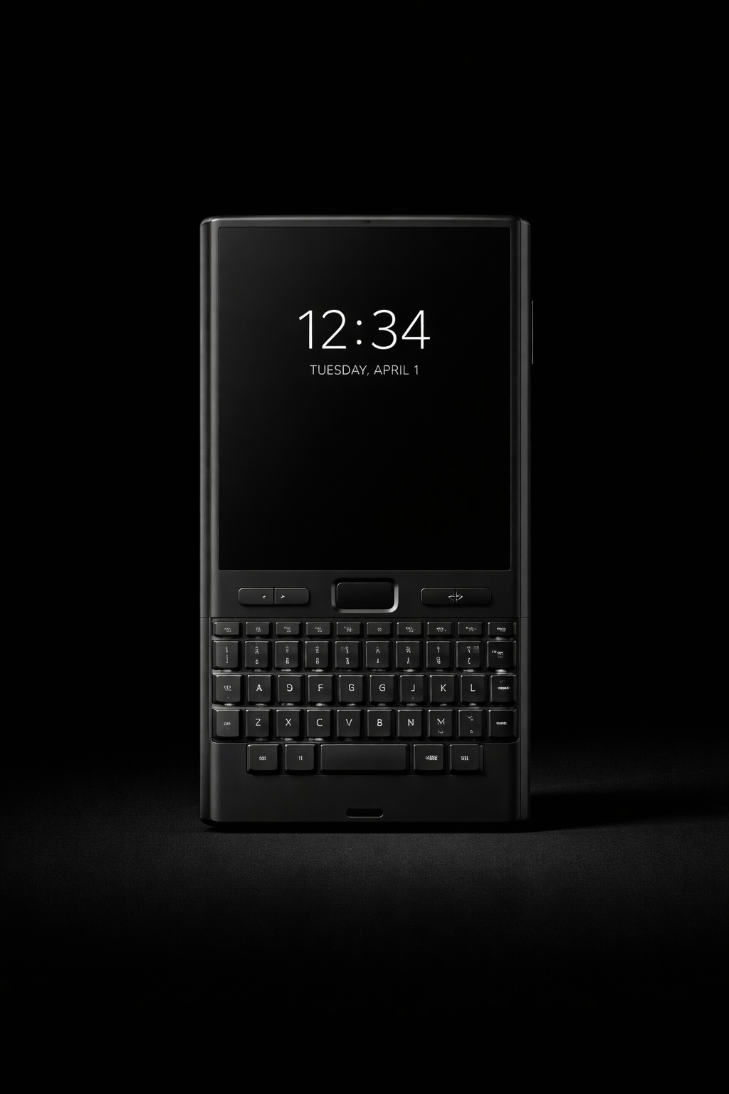 Kern phone — front view showing clock display and physical QWERTY keyboard
