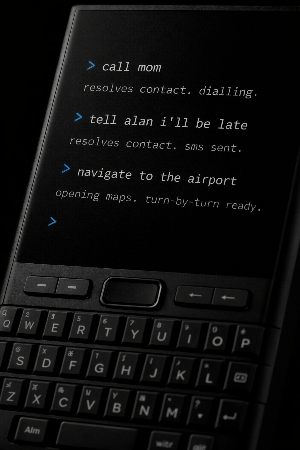 Close-up of Kern phone screen showing AI agent terminal with command responses