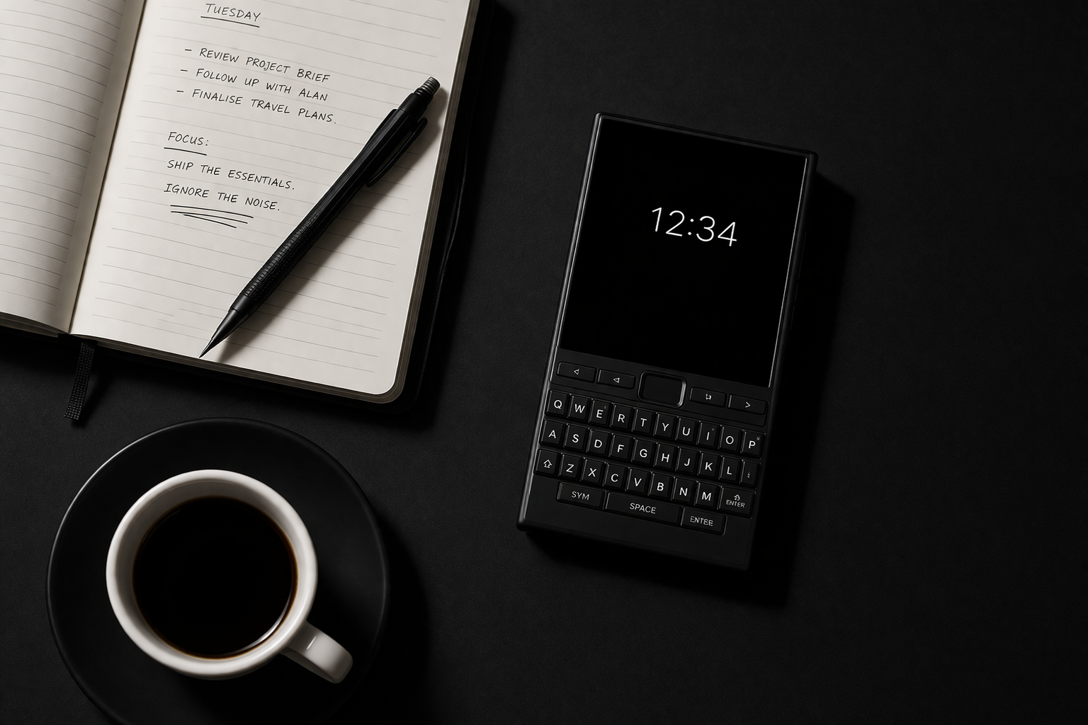 Kern phone on a minimal desk with notebook and pen
