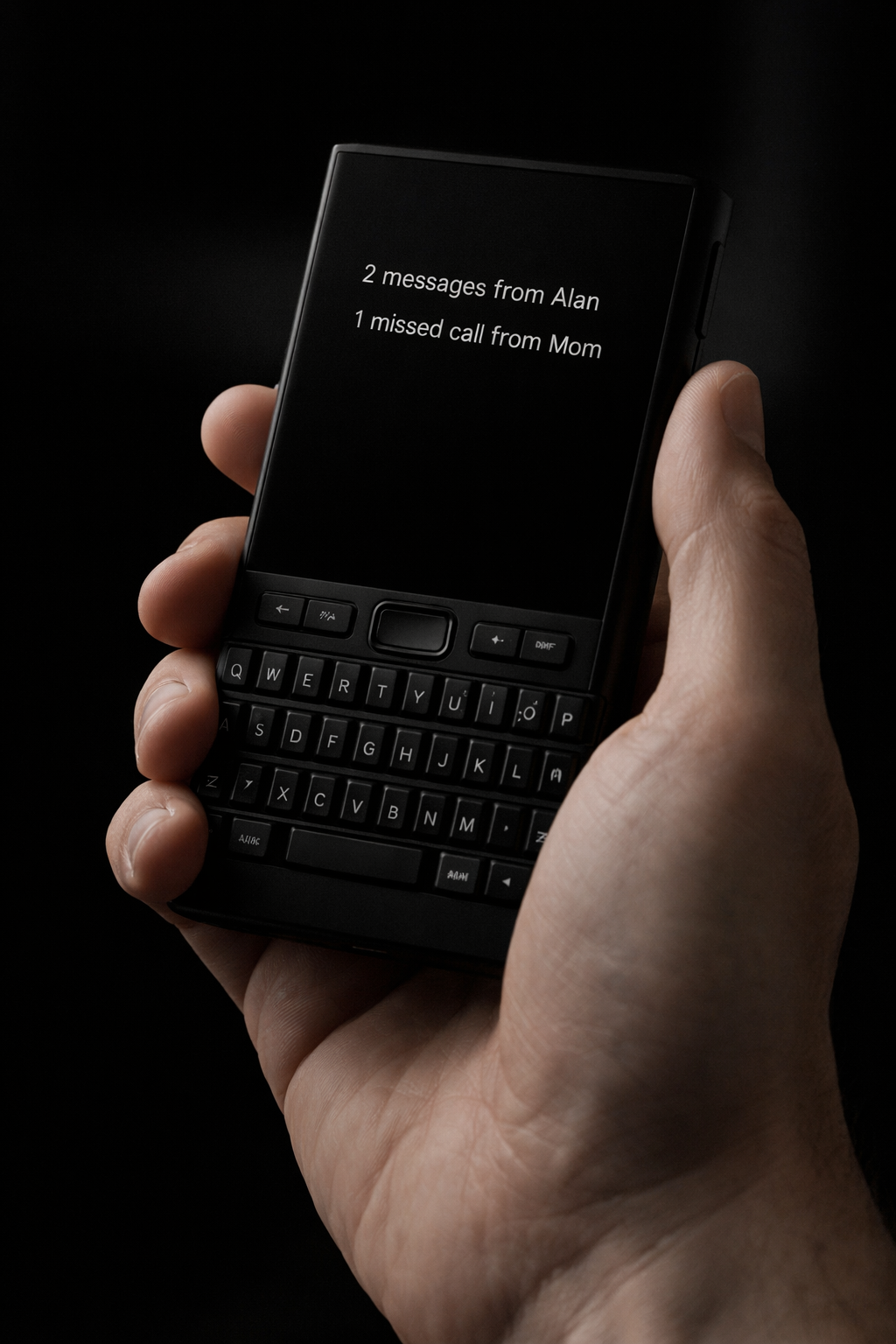 Kern phone held in one hand, showing compact size and notification summary